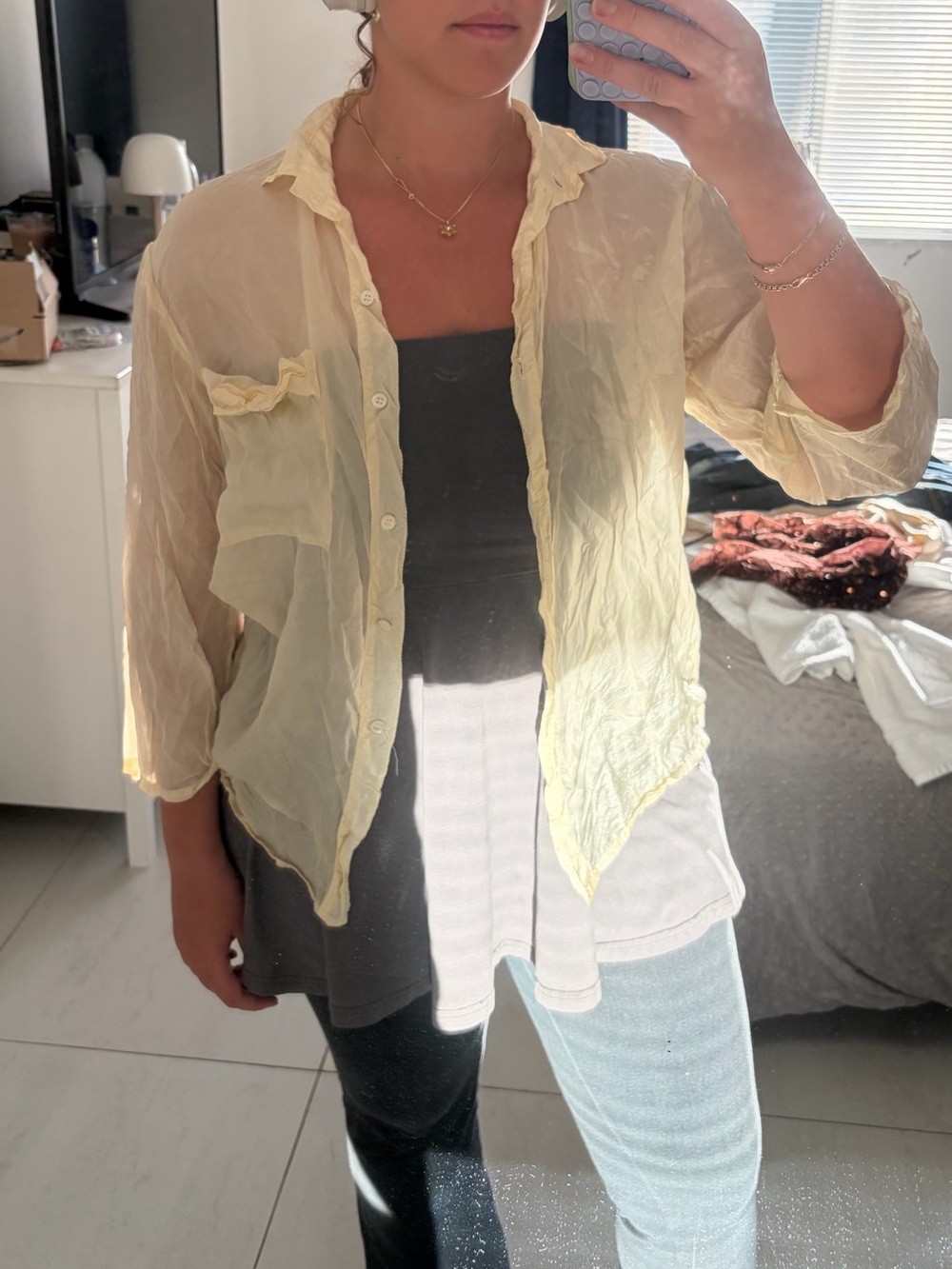 Light Yellow Sheer Silk Button-Up Shirt